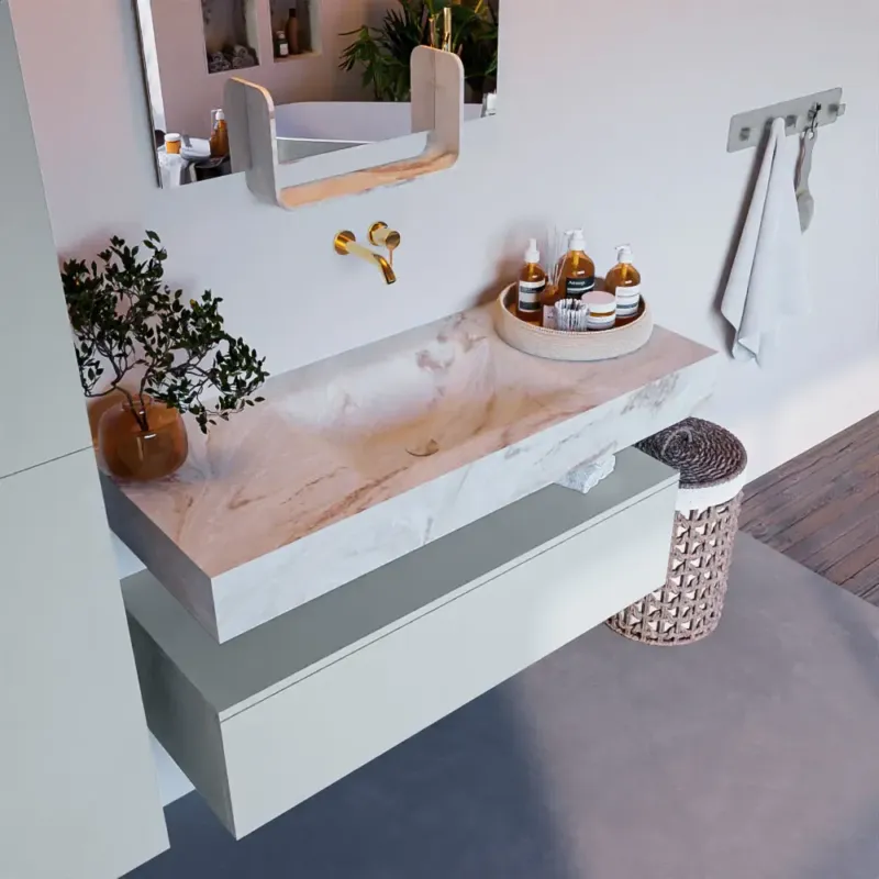 Mondiaz Alan DLux badmeubel 110cm clay 1 lade met wastafel frappe midden zonder kraangat Alleen Vandaag