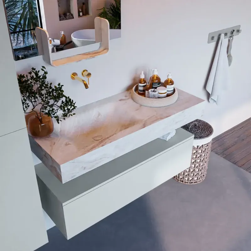 Mondiaz Alan DLux badmeubel 110cm clay 1 lade met wastafel frappe links zonder kraangat Exclusieve Aanbieding