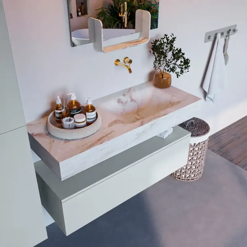 Mondiaz Alan DLux badmeubel 110cm clay 1 lade met wastafel frappe rechts zonder kraangat Premium