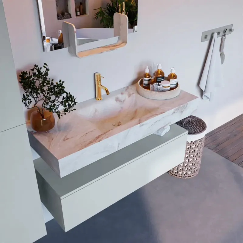 Mondiaz Alan DLux badmeubel 110cm clay 1 lade met wastafel frappe midden 1 kraangat Exclusieve Aanbieding
