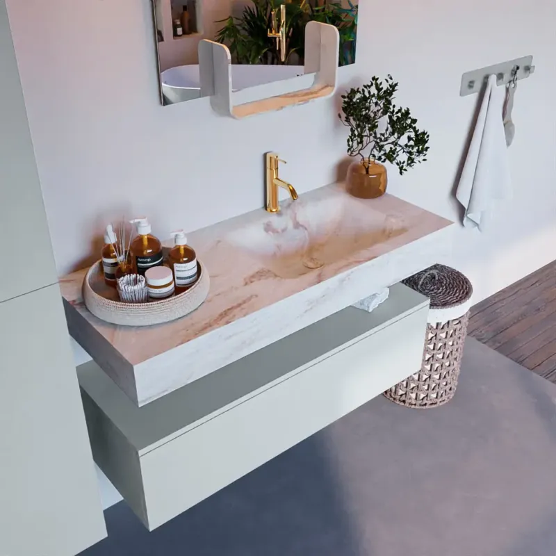 Mondiaz Alan DLux badmeubel 110cm clay 1 lade met wastafel frappe rechts 1 kraangat Lage Prijs