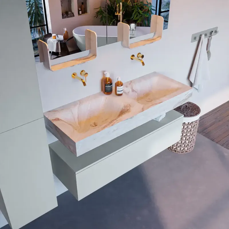 Mondiaz Alan DLux badmeubel 120cm clay 1 lade met wastafel frappe dubbel zonder kraangat Voordeelprijs