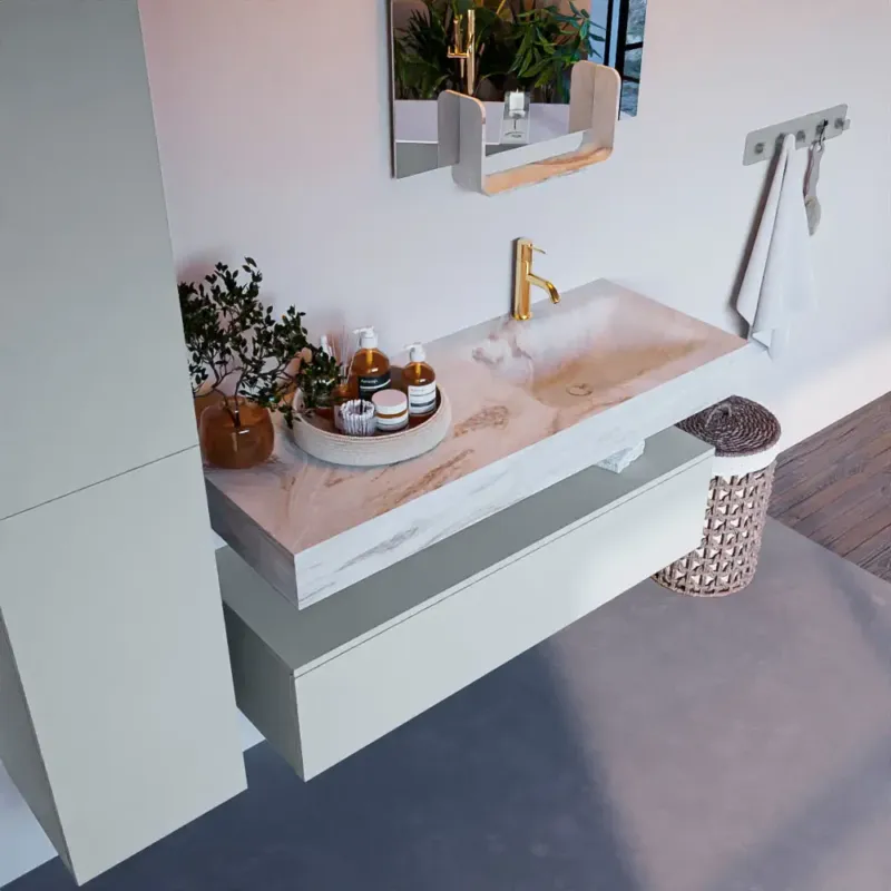 Koop Vandaag Mondiaz Alan DLux badmeubel 120cm clay 1 lade met wastafel frappe rechts 1 kraangat