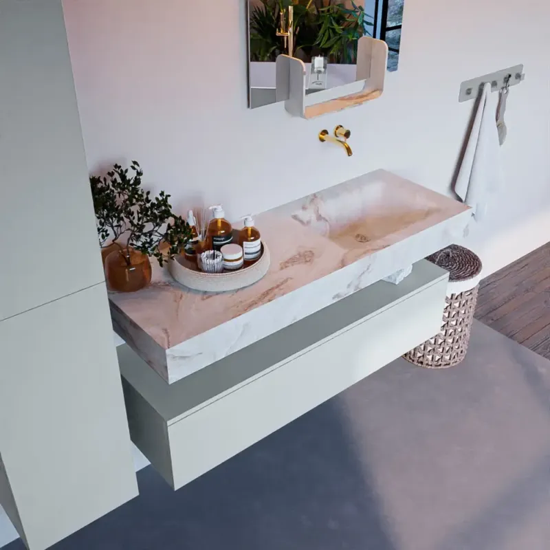 Gecertificeerd Mondiaz Alan DLux badmeubel 130cm clay 1 lade met wastafel frappe rechts zonder kraangat