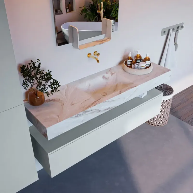 Gecertificeerd Mondiaz Alan DLux badmeubel 150cm clay 1 lade met wastafel frappe midden zonder kraangat