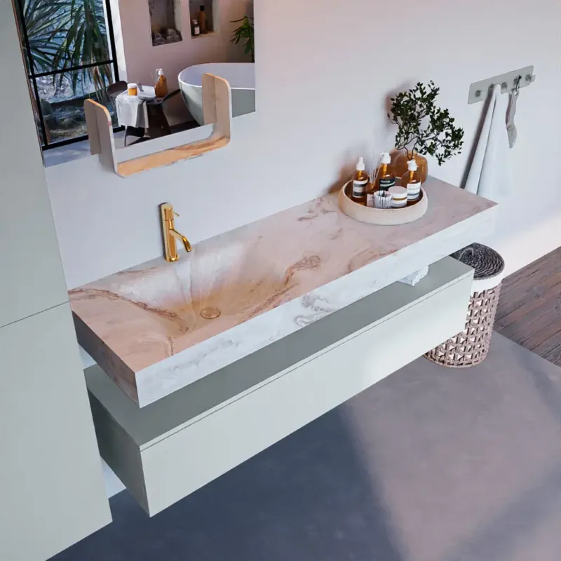 Korting Mondiaz Alan DLux badmeubel 150cm clay 1 lade met wastafel frappe links 1 kraangat