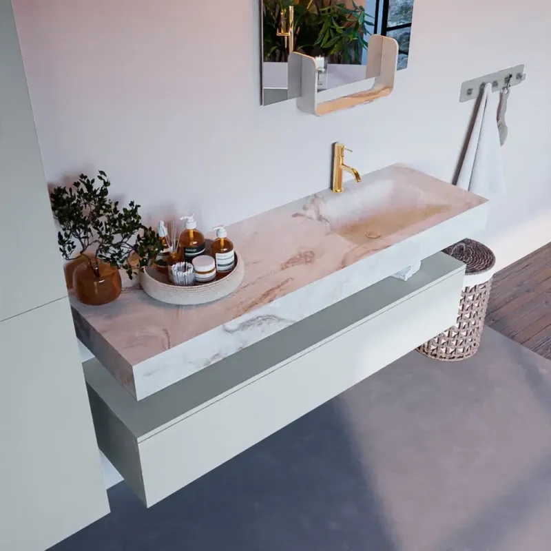 Koop Online Mondiaz Alan DLux badmeubel 150cm clay 1 lade met wastafel frappe rechts 1 kraangat