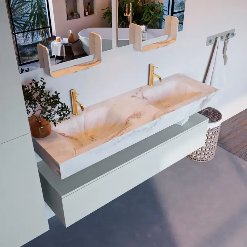 Weekendaanbieding Mondiaz Alan DLux badmeubel 150cm clay 1 lade met wastafel frappe dubbel 2 kraangaten