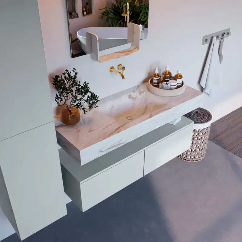 Superprijs Mondiaz Alan DLux badmeubel 120cm clay 2 lades met wastafel frappe midden zonder kraangat