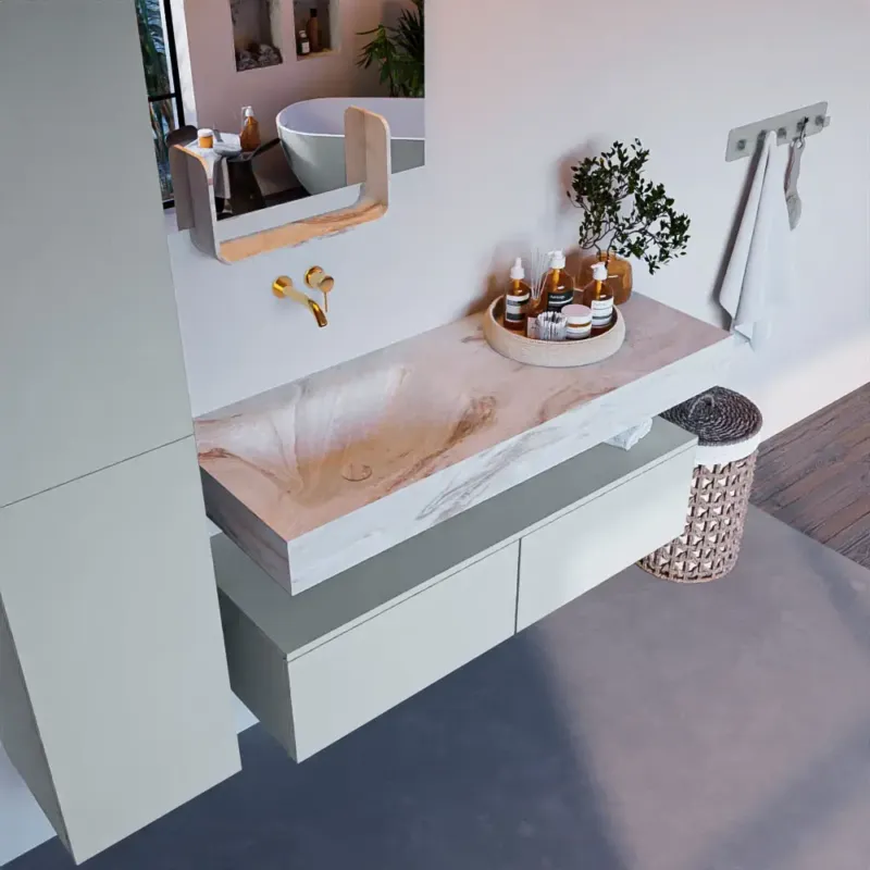 Veilige Betaling Mondiaz Alan DLux badmeubel 120cm clay 2 lades met wastafel frappe links zonder kraangat
