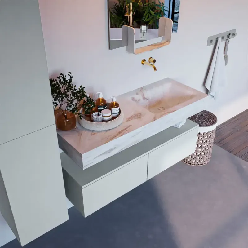 Mondiaz Alan DLux badmeubel 120cm clay 2 lades met wastafel frappe rechts zonder kraangat Betaalbaar