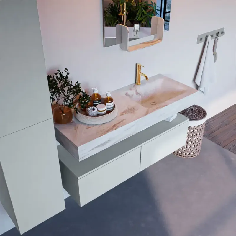 Lage Kosten Mondiaz Alan DLux badmeubel 120cm clay 2 lades met wastafel frappe rechts 1 kraangat