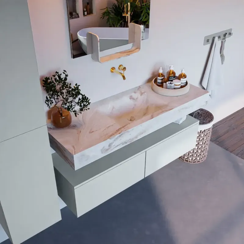 Speciale Aanbieding Mondiaz Alan DLux badmeubel 130cm clay 2 lades met wastafel frappe midden zonder kraangat