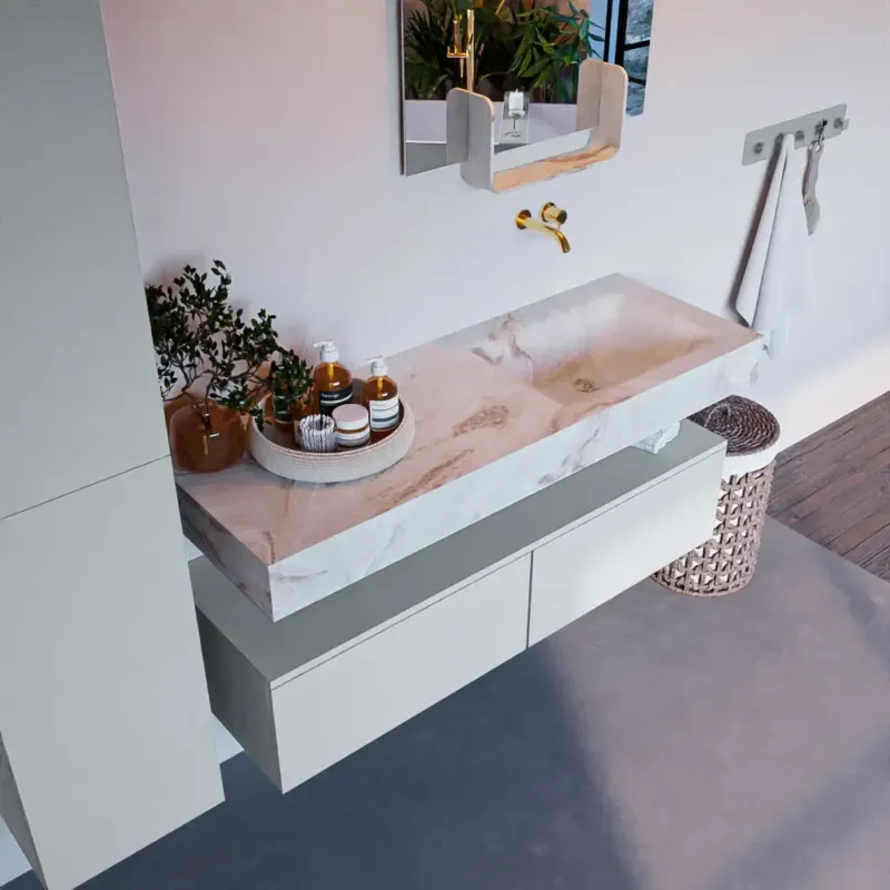 Aanbieding Mondiaz Alan DLux badmeubel 130cm clay 2 lades met wastafel frappe rechts zonder kraangat