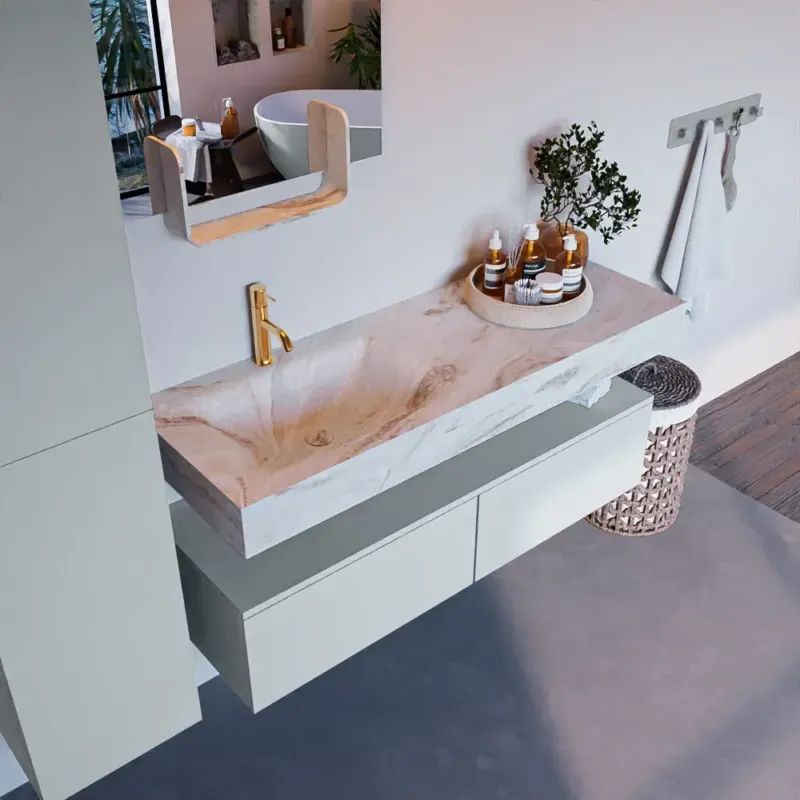 Laatste Kans Mondiaz Alan DLux badmeubel 130cm clay 2 lades met wastafel frappe links 1 kraangat