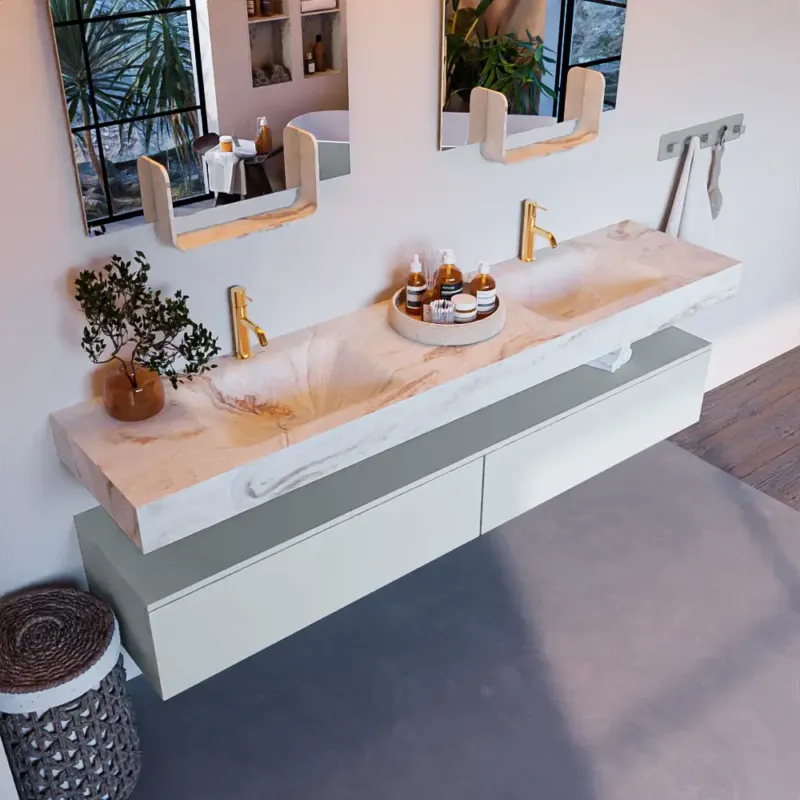 Flitsaanbieding Mondiaz Alan DLux badmeubel 200cm clay 2 lades met wastafel frappe dubbel 2 kraangaten