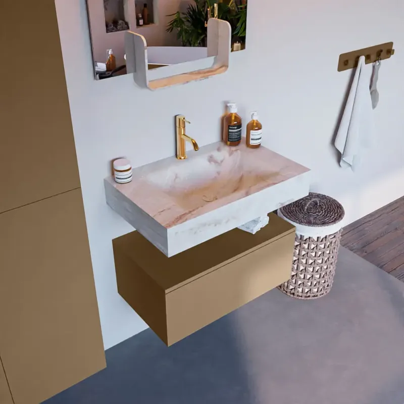 Aanbieding Mondiaz Alan DLux badmeubel 70cm oro 1 lade met wastafel frappe midden 1 kraangat