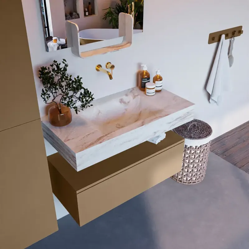 Bestel Nu Mondiaz Alan DLux badmeubel 90cm oro 1 lade met wastafel frappe midden zonder kraangat