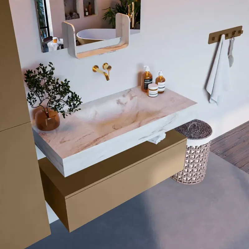 Koopje Mondiaz Alan DLux badmeubel 100cm oro 1 lade met wastafel frappe midden zonder kraangat