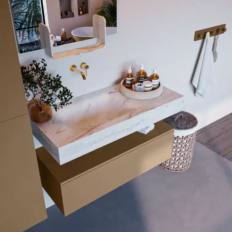 Mondiaz Alan DLux badmeubel 100cm oro 1 lade met wastafel frappe links zonder kraangat Tijdelijk Beschikbaar
