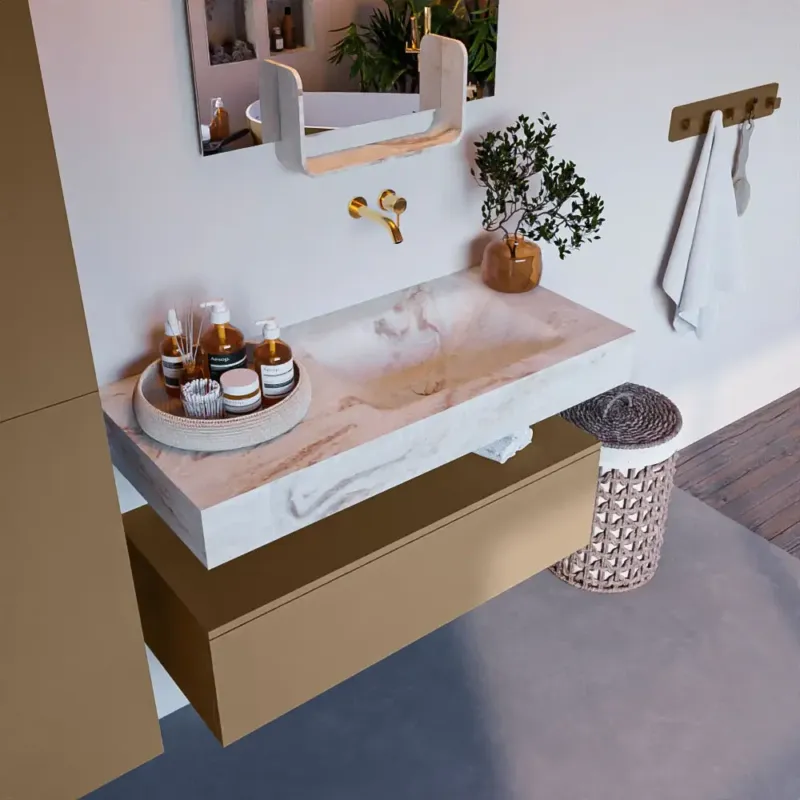 Mondiaz Alan DLux badmeubel 100cm oro 1 lade met wastafel frappe rechts zonder kraangat Merkproduct