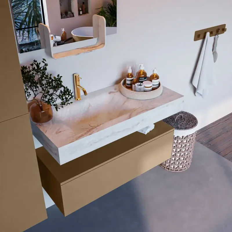 Mondiaz Alan DLux badmeubel 100cm oro 1 lade met wastafel frappe links 1 kraangat Voordeelprijs