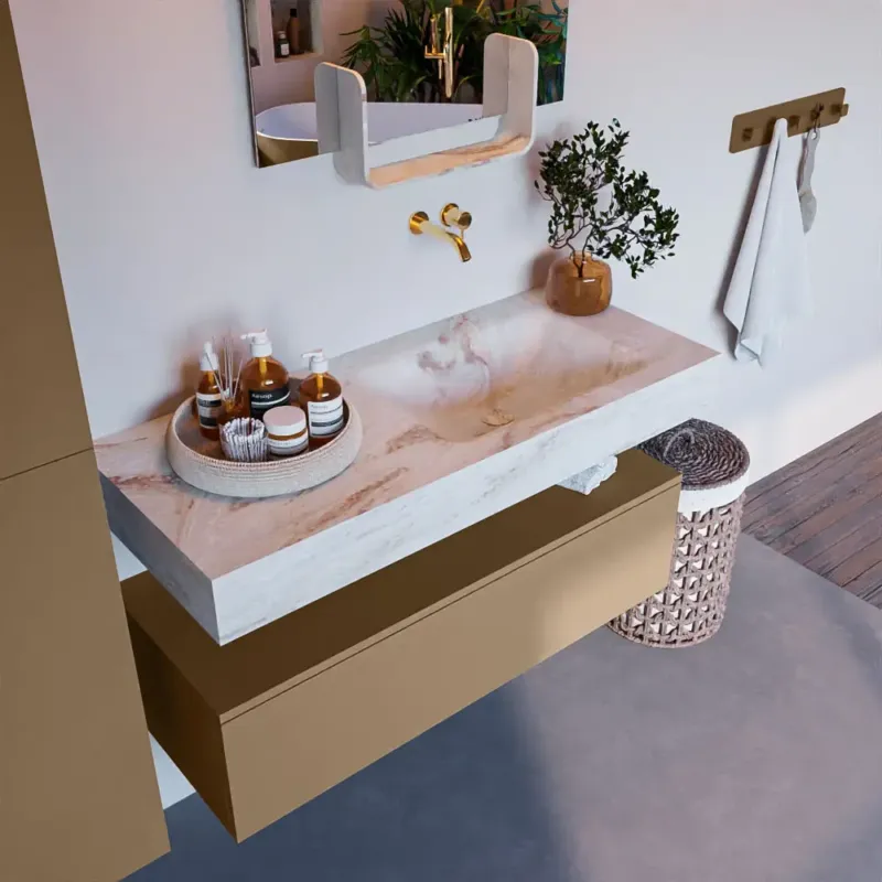 Mondiaz Alan DLux badmeubel 110cm oro 1 lade met wastafel frappe rechts zonder kraangat Koopje