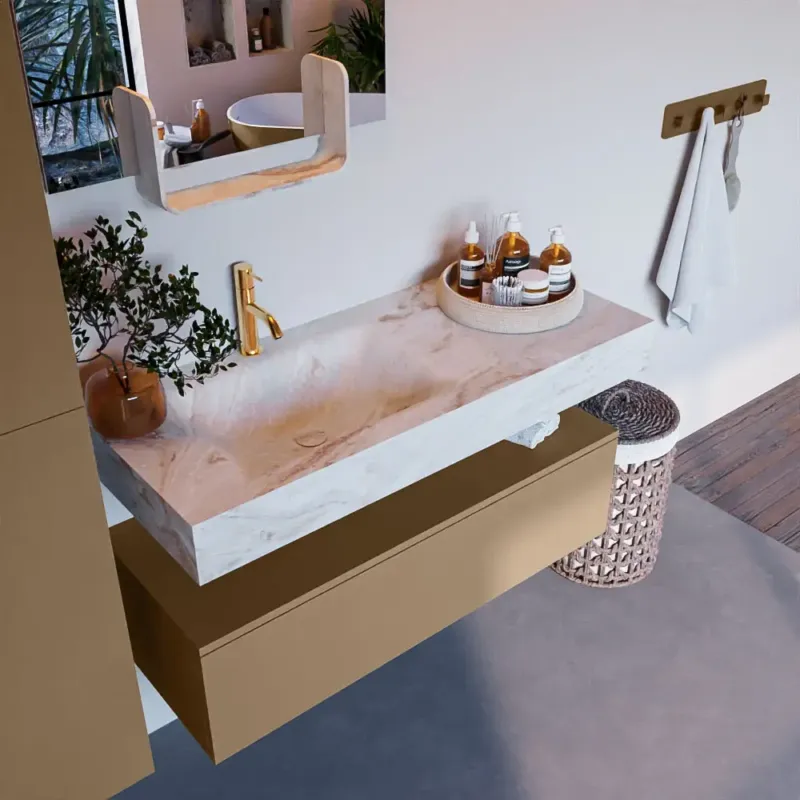 Tijdelijk Beschikbaar Mondiaz Alan DLux badmeubel 110cm oro 1 lade met wastafel frappe links 1 kraangat