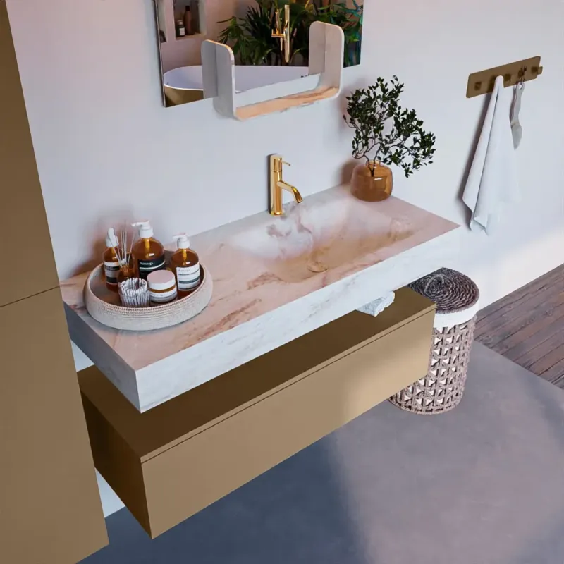 Express Levering Mondiaz Alan DLux badmeubel 110cm oro 1 lade met wastafel frappe rechts 1 kraangat