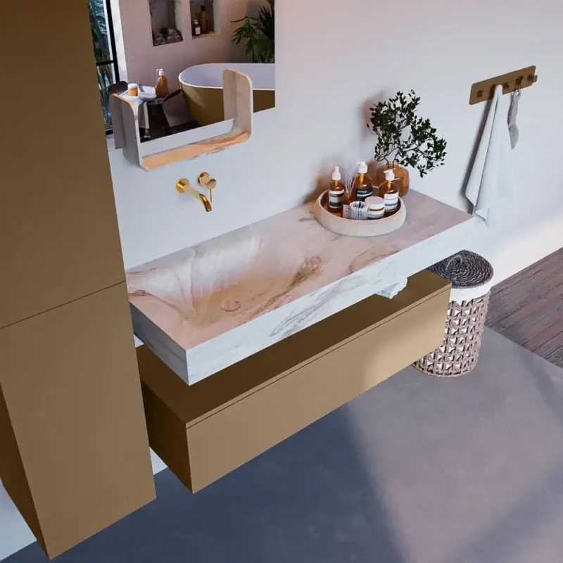 Koop Online Mondiaz Alan DLux badmeubel 120cm oro 1 lade met wastafel frappe links zonder kraangat