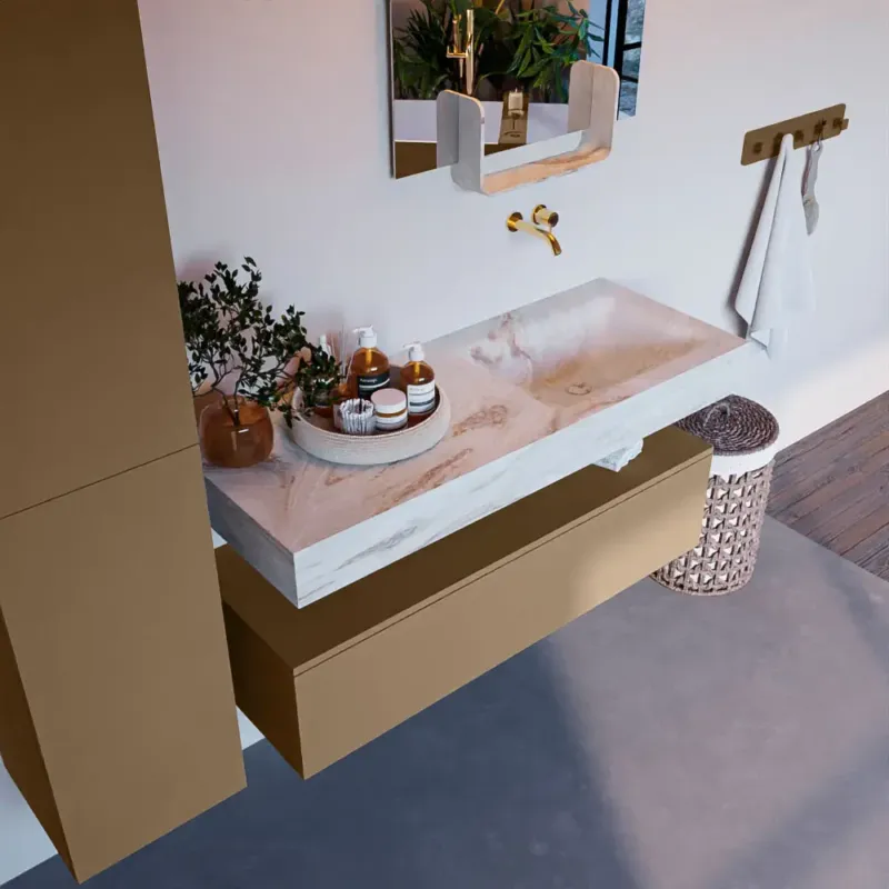 Mondiaz Alan DLux badmeubel 120cm oro 1 lade met wastafel frappe rechts zonder kraangat Rechtstreeks Van De Fabrikant