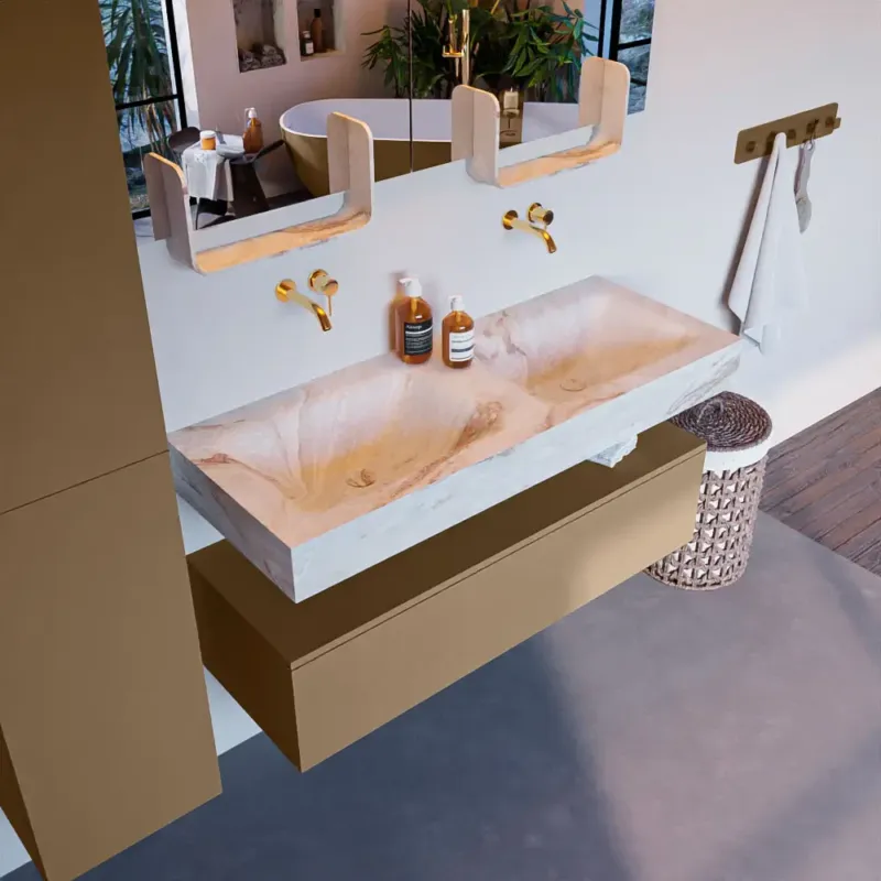 Lage Prijs Mondiaz Alan DLux badmeubel 120cm oro 1 lade met wastafel frappe dubbel zonder kraangat