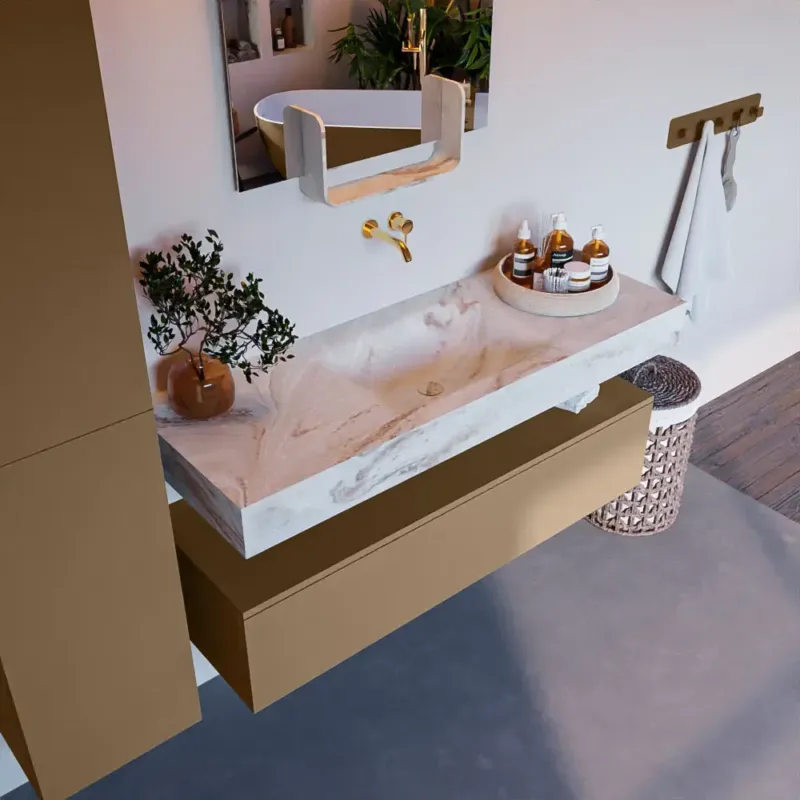 Speciale Aanbieding Mondiaz Alan DLux badmeubel 130cm oro 1 lade met wastafel frappe midden zonder kraangat