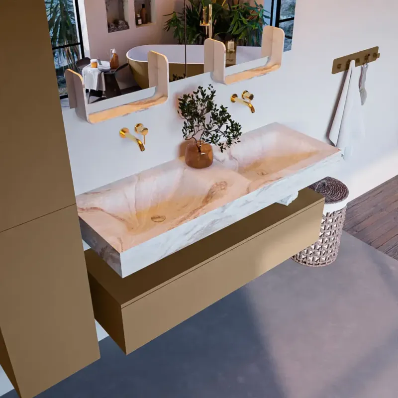 Korting Mondiaz Alan DLux badmeubel 130cm oro 1 lade met wastafel frappe dubbel zonder kraangat