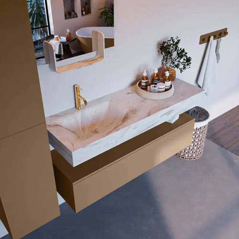 Premium Mondiaz Alan DLux badmeubel 130cm oro 1 lade met wastafel frappe links 1 kraangat