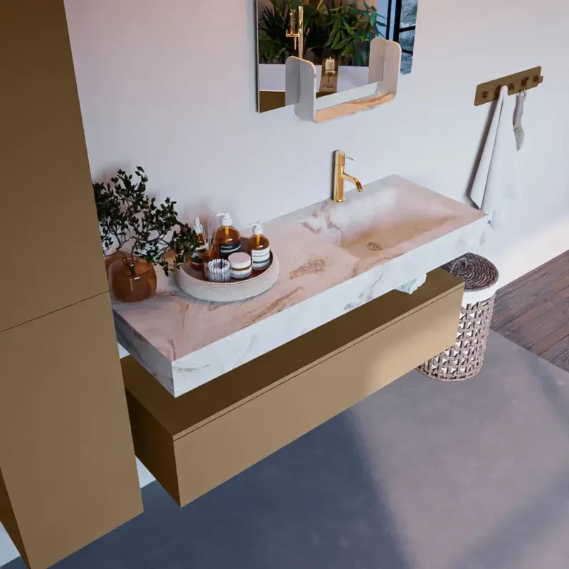 Hete Deal Mondiaz Alan DLux badmeubel 130cm oro 1 lade met wastafel frappe rechts 1 kraangat