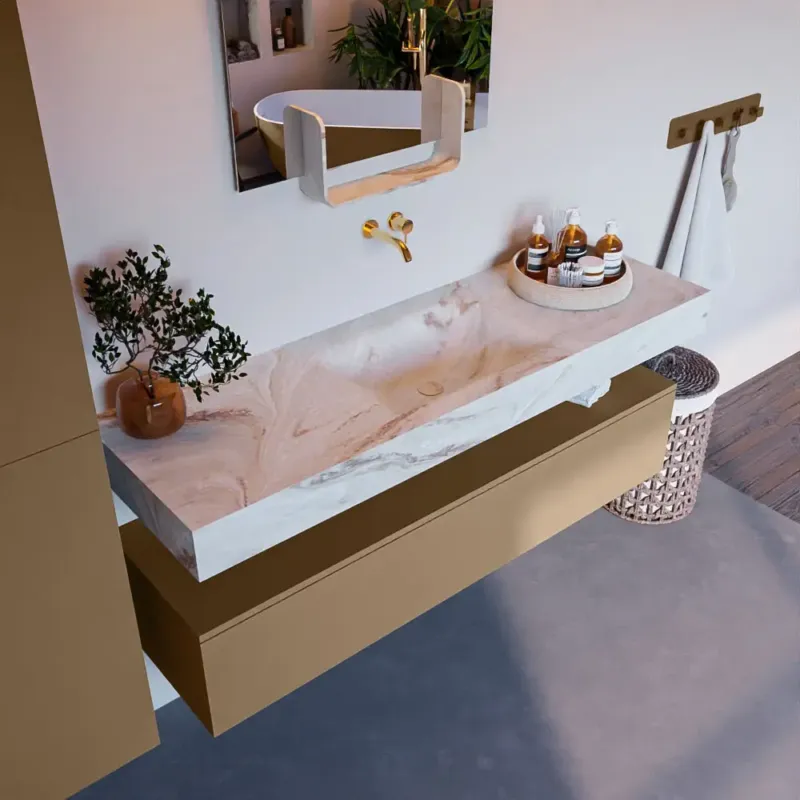 Seizoensaanbieding Mondiaz Alan DLux badmeubel 150cm oro 1 lade met wastafel frappe midden zonder kraangat