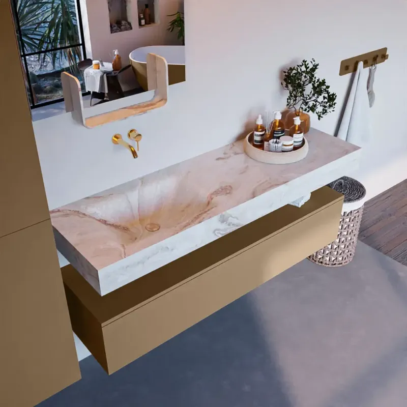Gratis Retour Mondiaz Alan DLux badmeubel 150cm oro 1 lade met wastafel frappe links zonder kraangat