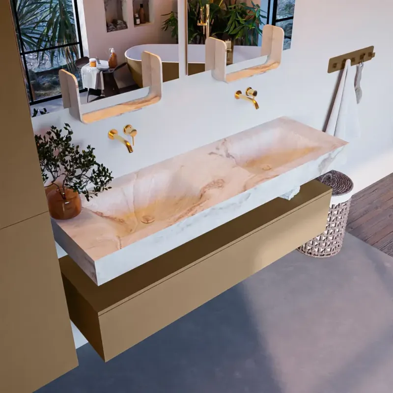 Bestseller Mondiaz Alan DLux badmeubel 150cm oro 1 lade met wastafel frappe dubbel zonder kraangat