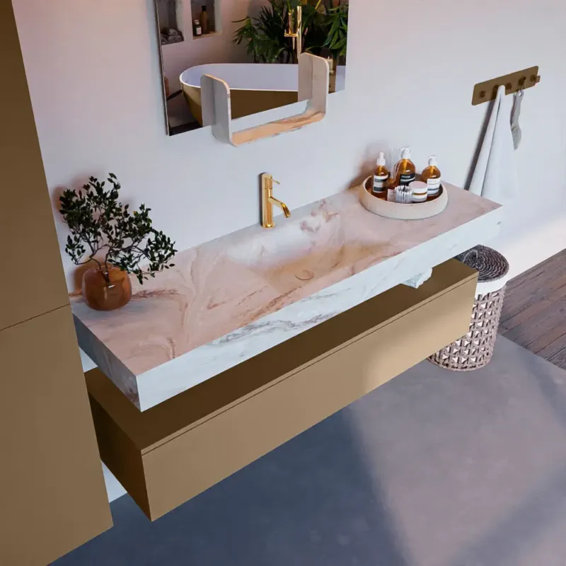 Must-Have Mondiaz Alan DLux badmeubel 150cm oro 1 lade met wastafel frappe midden 1 kraangat