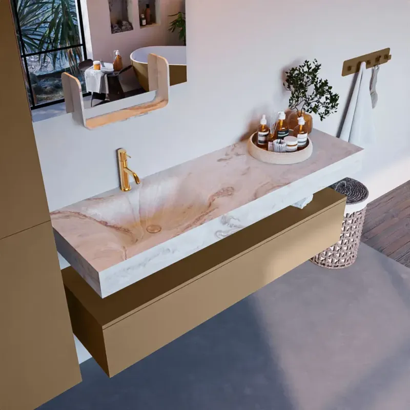 Hoge Kwaliteit Mondiaz Alan DLux badmeubel 150cm oro 1 lade met wastafel frappe links 1 kraangat