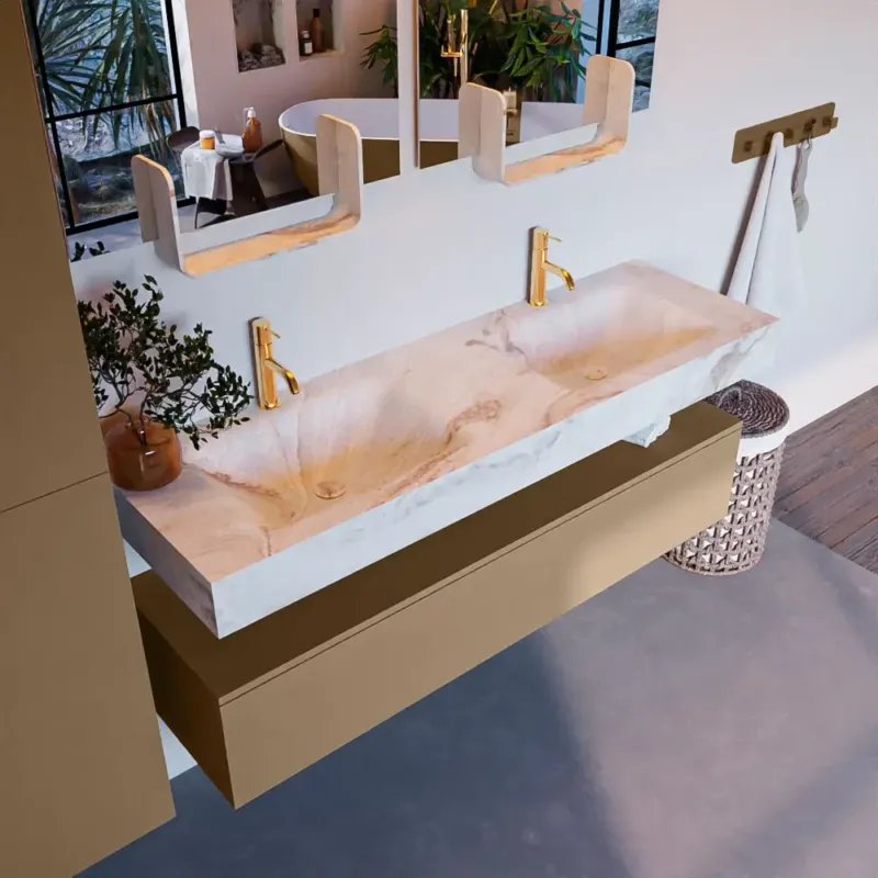 Aanbieding Mondiaz Alan DLux badmeubel 150cm oro 1 lade met wastafel frappe dubbel 2 kraangaten