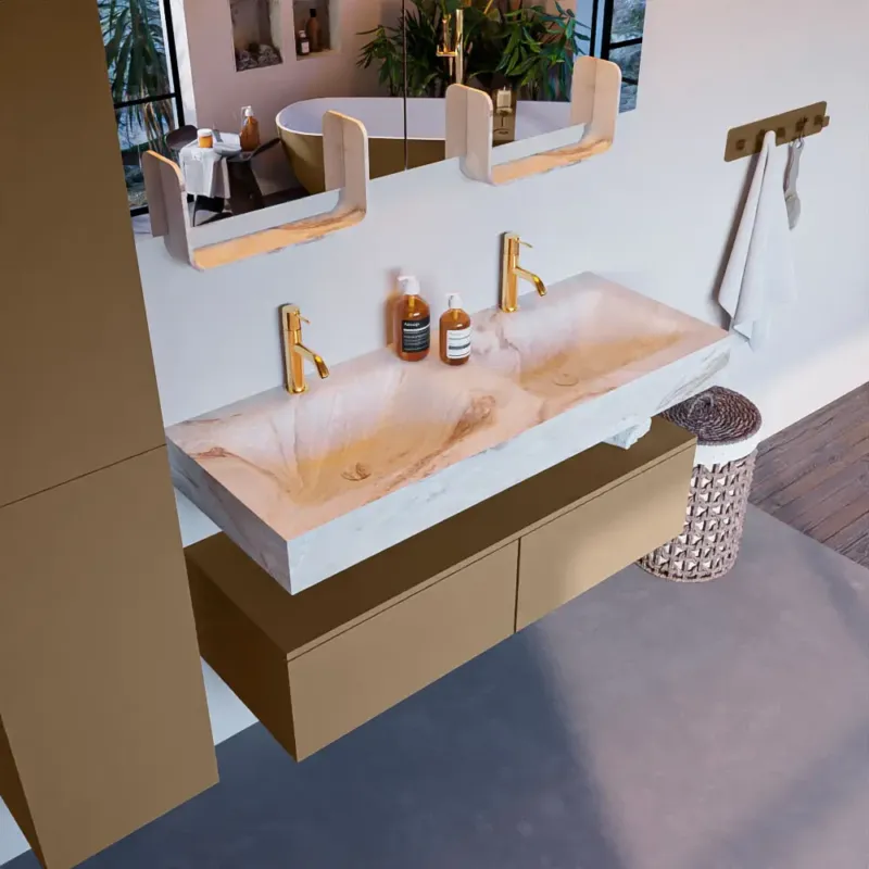 Uitverkoop Mondiaz Alan DLux badmeubel 120cm oro 2 lades met wastafel frappe dubbel 2 kraangaten