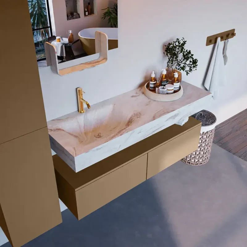 Gratis Retour Mondiaz Alan DLux badmeubel 130cm oro 2 lades met wastafel frappe links 1 kraangat