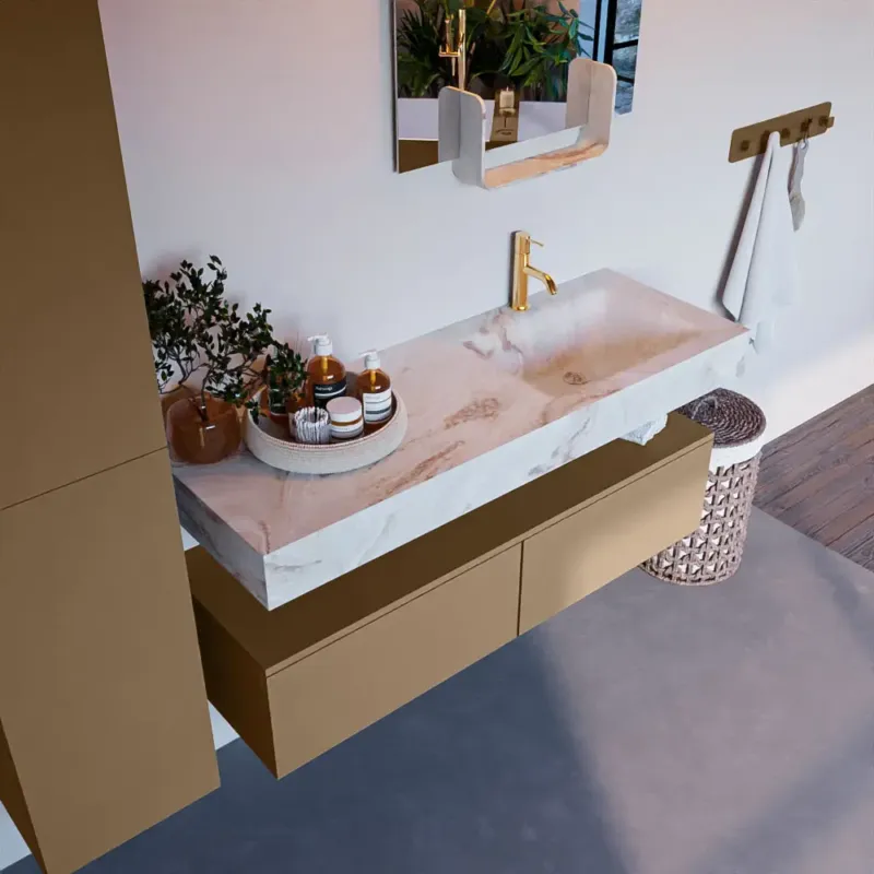 Nu Kopen Mondiaz Alan DLux badmeubel 130cm oro 2 lades met wastafel frappe rechts 1 kraangat