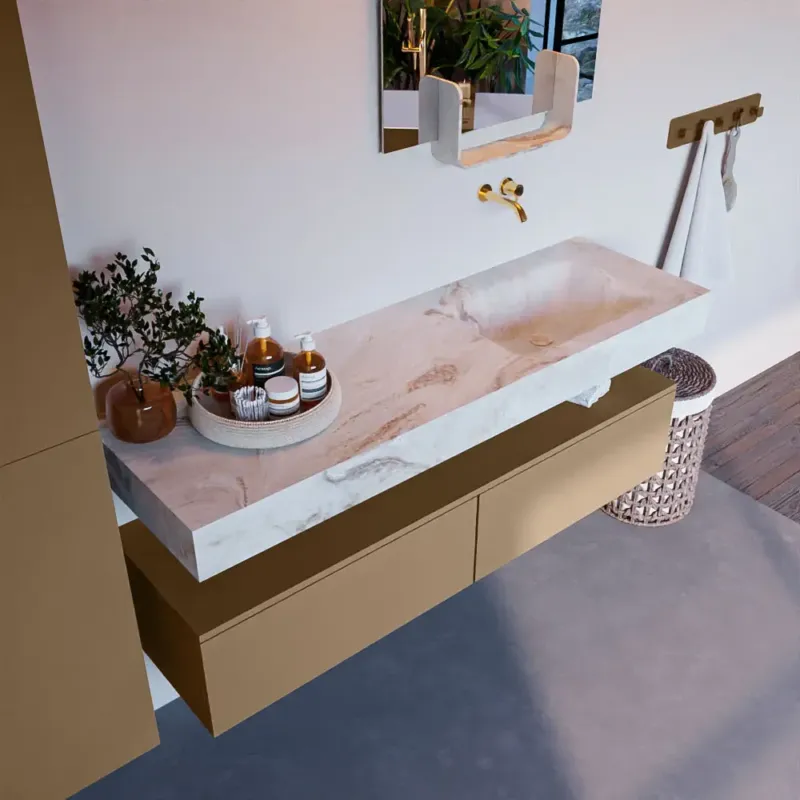Korting Mondiaz Alan DLux badmeubel 150cm oro 2 lades met wastafel frappe rechts zonder kraangat