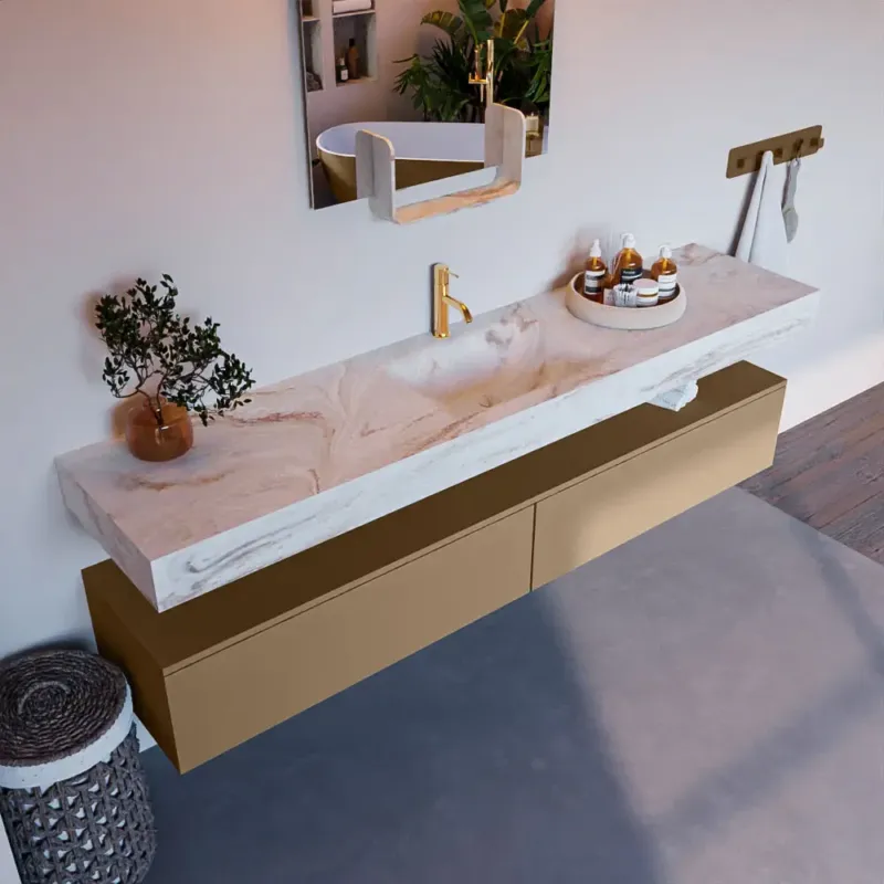 Voordeelprijs Mondiaz Alan DLux badmeubel 200cm oro 2 lades met wastafel frappe midden 1 kraangat