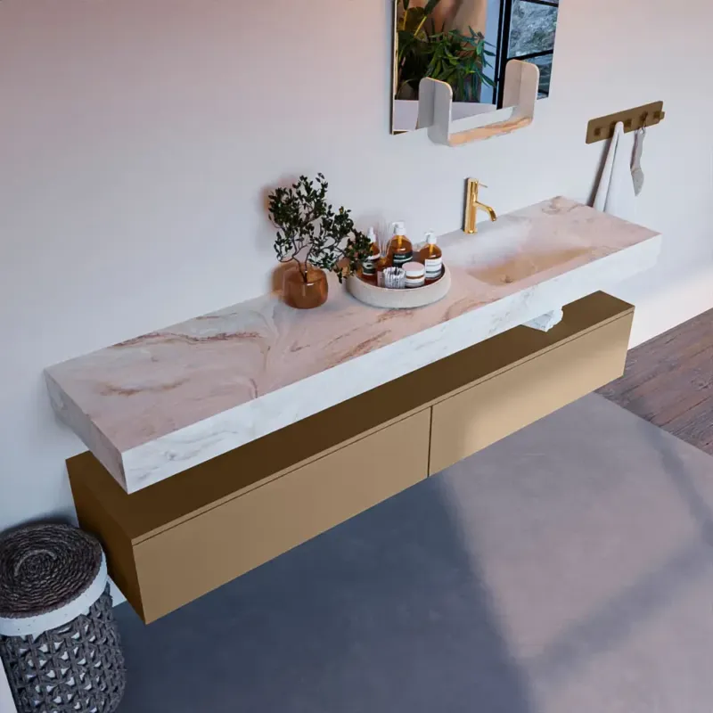 Dagaanbieding Mondiaz Alan DLux badmeubel 200cm oro 2 lades met wastafel frappe rechts 1 kraangat