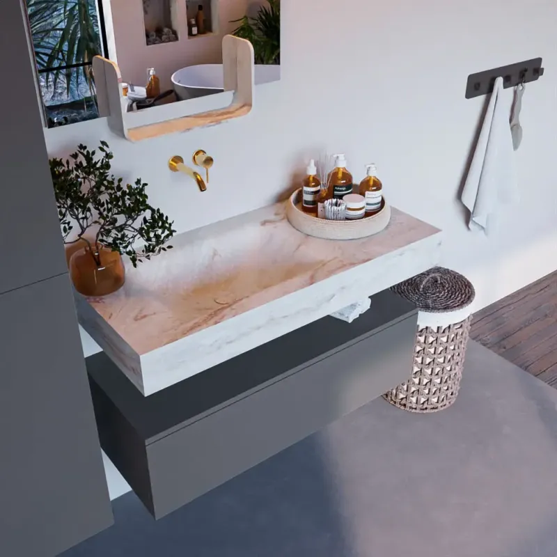 Mondiaz Alan DLux badmeubel 100cm plata 1 lade met wastafel frappe links zonder kraangat Tijdelijk Beschikbaar