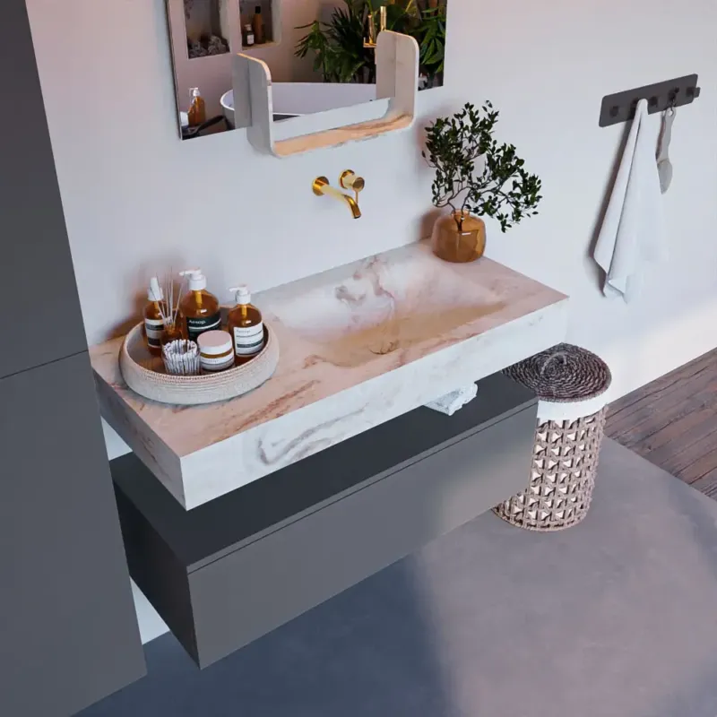 Express Levering Mondiaz Alan DLux badmeubel 100cm plata 1 lade met wastafel frappe rechts zonder kraangat